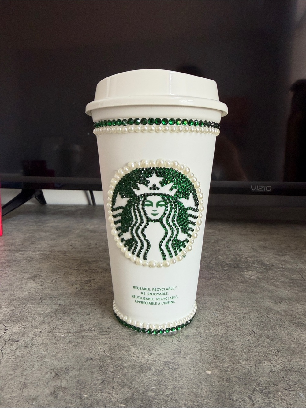 Embellished White Starbucks Reusable Cup with Green and Pearl Logo